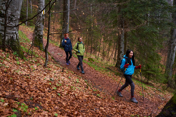 HIkers with backpacks on a trail in a rainy day - 800985278