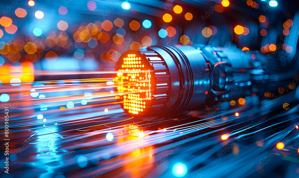 Poster fiber optic cable 3d rendering futuristic tech background - network infrastructure telecom glowing b
