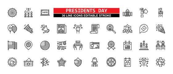 36 Presidents Day Line Icons Set Pack Editable Stroke Vector Illustration.