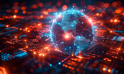 High-Tech Digital World Globe: Global Network Connectivity Concept - Earth with Data Transfer Cyber Technology for Fast International Telecommunications