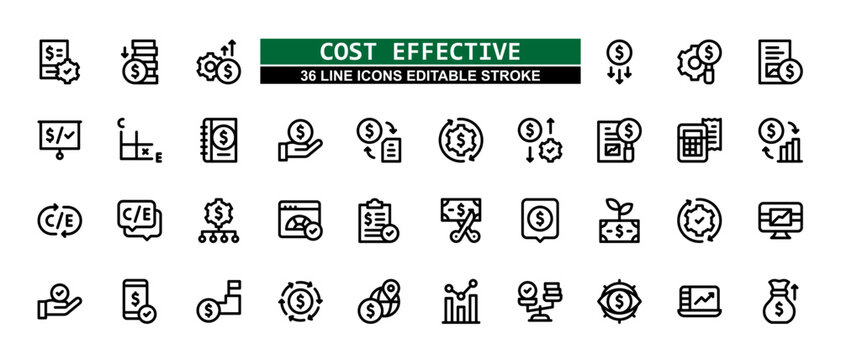 36 Cost Effective Line Icons Set Pack Editable Stroke Vector Illustration.