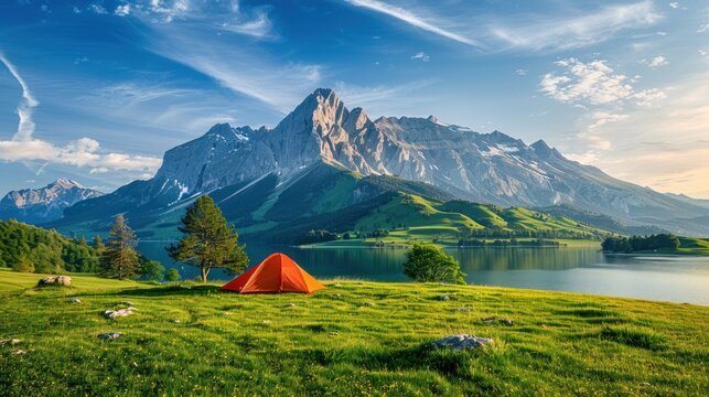 A bright orange tent pitched on a grassy field next to a lake in a beautiful mountain landscape