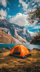 An orange tent pitched up on the shore of a lake with a backdrop of beautiful mountains