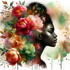 Naklejka premium A painting of a black woman with flowers in her hair, Portrait African woman