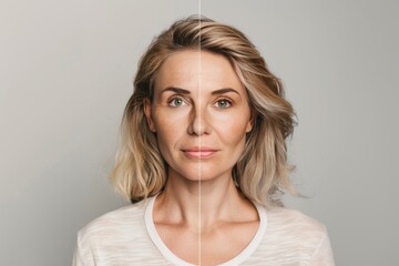Vital skincare maintains Marionette line, aging diabetes health focus in split photo contrasts young and old.