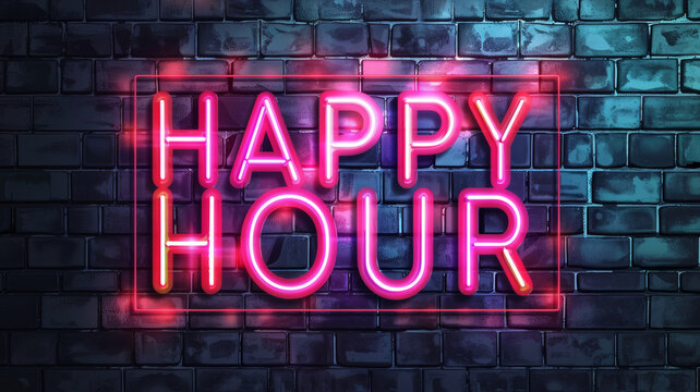 Glowing 'HAPPY HOUR' Neon Sign on Dark Brick Background