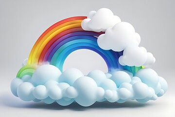 Obraz premium Abstract rainbow and white clouds isolated on white background. Textured cartoon 3D illustration, gradient