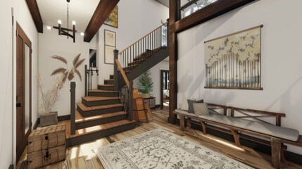 stairs to the second floor of a luxurious house decorated in white. design of a living room in a house with tables and chairs on a wooden floor
