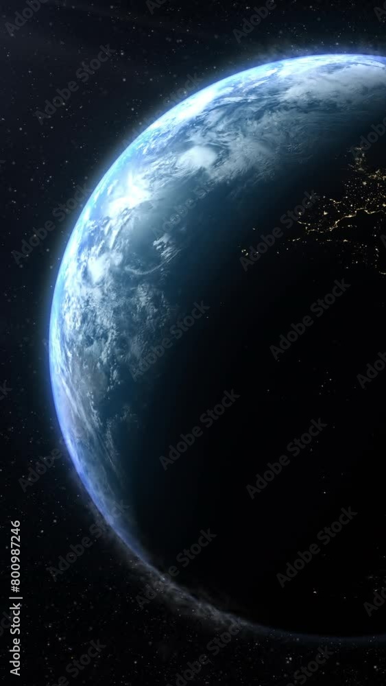 Poster vertical format : a cinematic rendering of planet earth with vibrant blue sky atmosphere as view fro