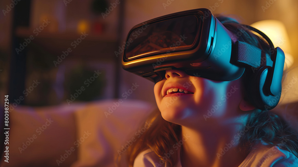 Poster a close-up of a child playing a virtual reality game, focus on their joyful expression and the vr he