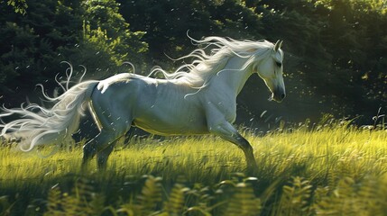 A white horse is running through a tall green grassy field. There are trees on either side of the horse and the background is blurry. The horse's mane and tail are flowing in the wind.