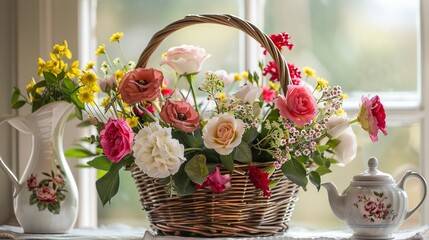 There is a wicker basket on a table with a variety of flowers including pink, white, and yellow roses