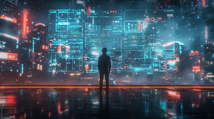 A silhouetted figure navigating the landscape of cyber threats on a massive screen, concept of digital dangers, wide angle, hyperrealistic, night, cyberpunk vibe, digital grain, AI Generative