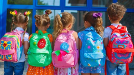 Back to school. Happy children ready for primary school. Pupils on first day of school. Girls and boys with backpacks, AI Generative