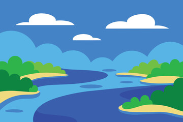 Panoramic view of a blue freshwater estuary with mangroves on its edge and cloud in the vector background design