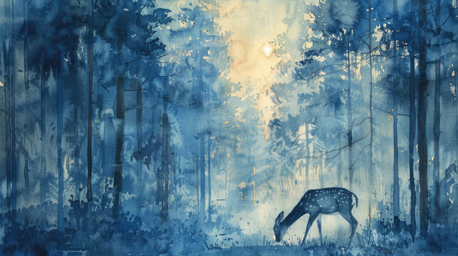 Watercolor painting depicting a deer standing in a misty forest with morning light shining through the trees