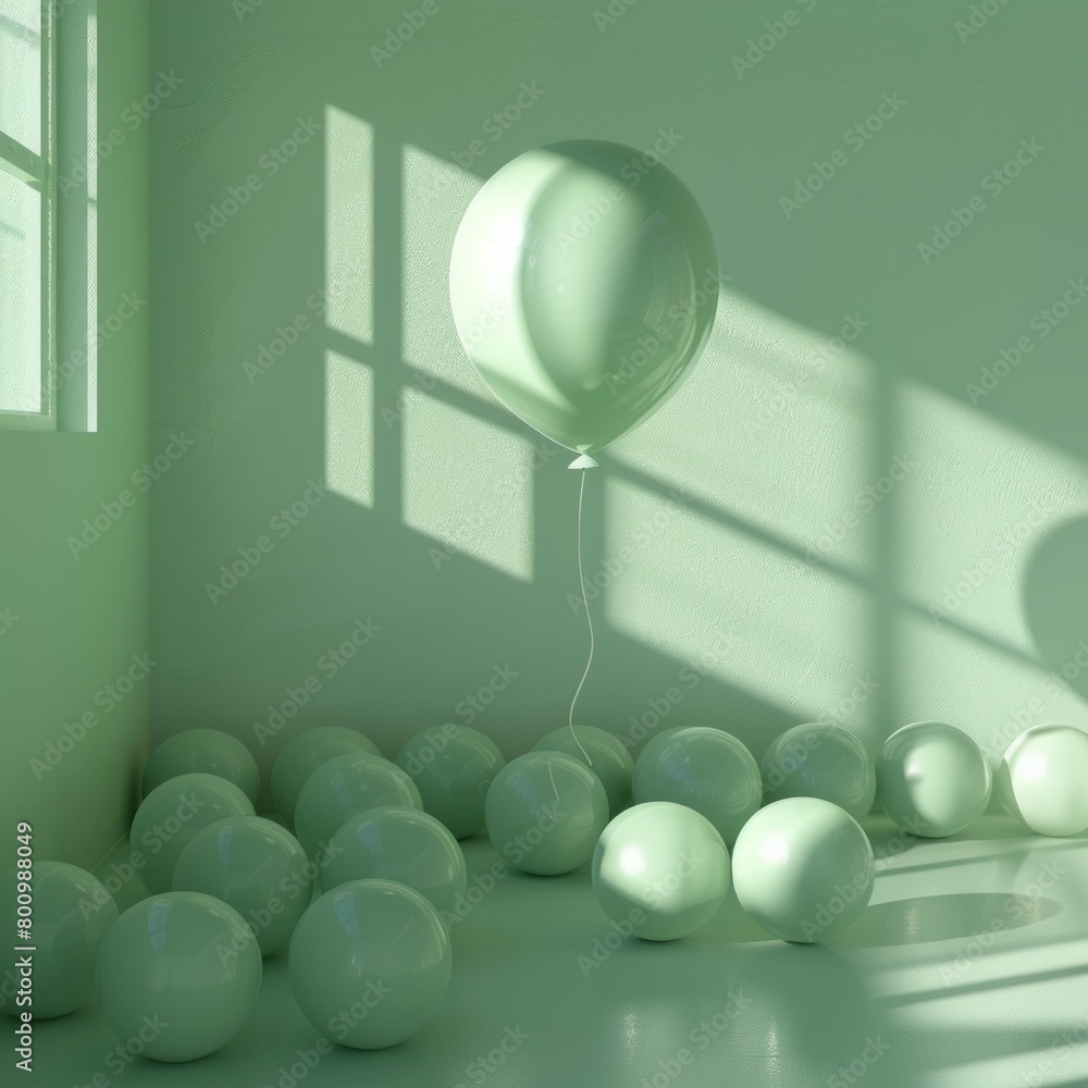 Poster create a 3d rendering of a light balloon floating up and away from a collection of green balloons ag