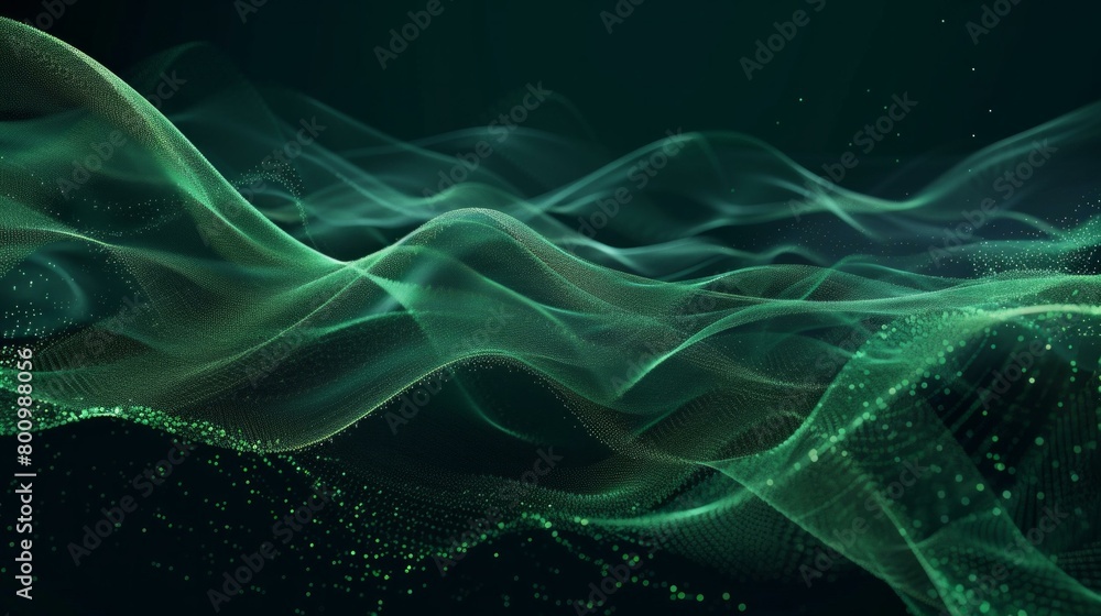 Poster create a dynamic background featuring waves of green light flowing across a dark expanse, ai generat