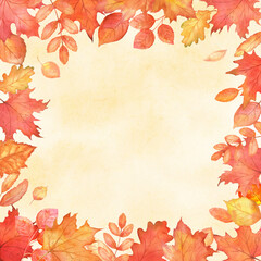 Square fall frame with red leaves. Autumn falling maple leaves with copy space.