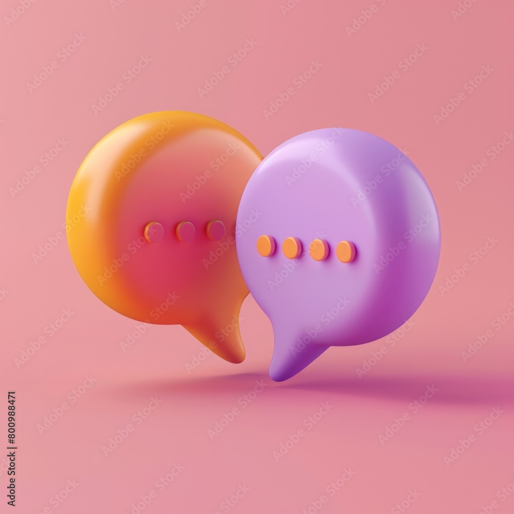 Poster generate a 3d icon that features stylized chat bubbles in complementary purple and orange, set on a 