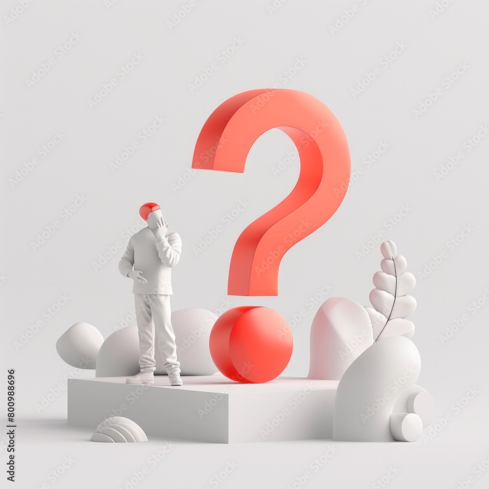 Poster illustrate a 3d icon that captures a man pondering beside a towering red question mark, set against 