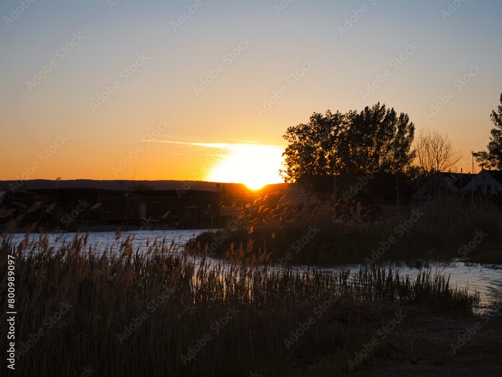 Sticker Sunset over Lake Neusiedl in Austria, coloring the reed belt and water in picturesque hues