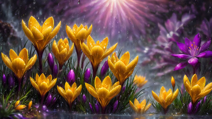 floral background, yellow crocuses with water drops, perfect composition, high detail,