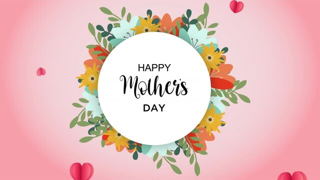 Happy mother's day greeting animation. Motion template with flowers and flare. Animated mothers day blossom heart background.