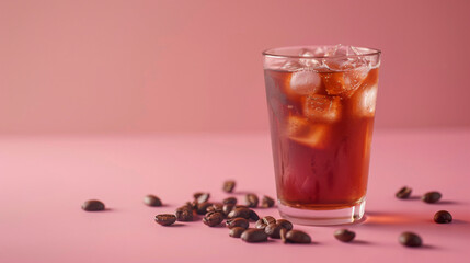 Glass of cold brew and coffee beans on pink background