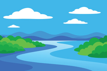 Panoramic view of a blue freshwater estuary with mangroves on its edge and cloud in the vector background design