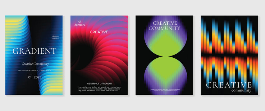 Abstract gradient background vector set. Minimalist style cover template with vibrant perspective 3d geometric prism shapes collection. Ideal design for social media, poster, cover, banner, flyer.