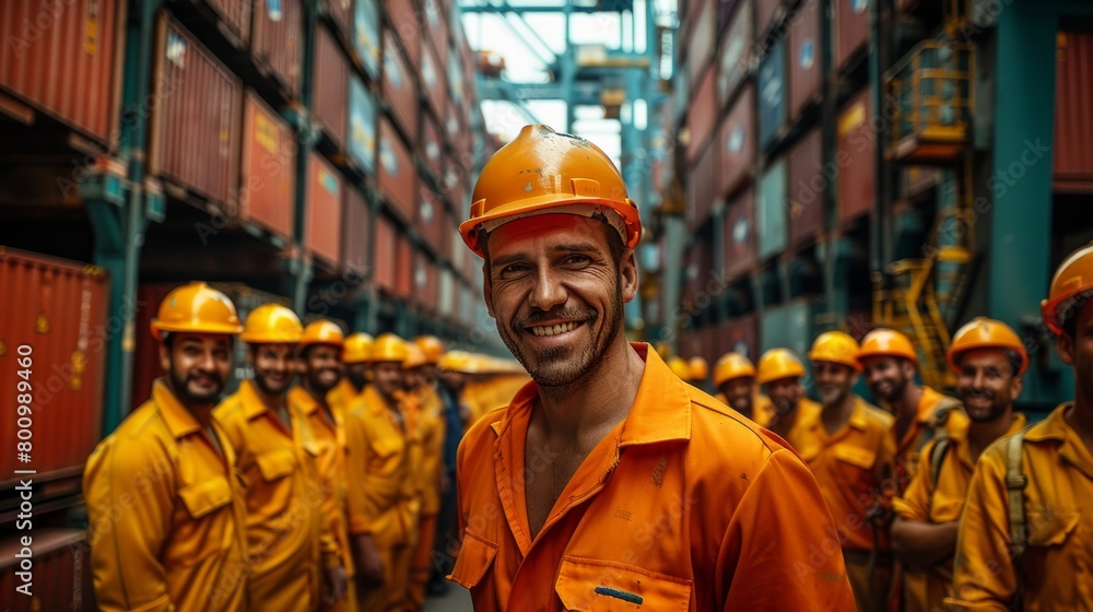 Poster multiracial smiling workers share a moment of joy inside a container cargo terminal, ai generative