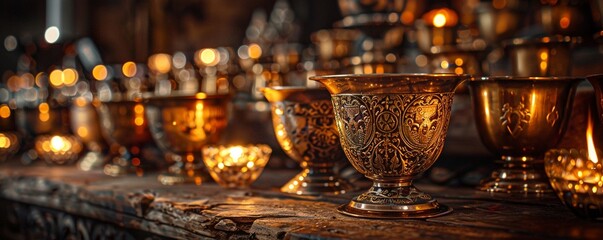 Medieval cups, featuring coats of arms and intricate metalwork, whispering tales of knights and dragons Present the cups in a castle hall, bathed in the warm glow of torchlight