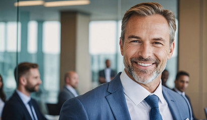 Naklejka premium a man in a blue suit standing at a meeting room