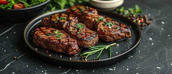 Photo of grilled steaks on a plate over a dark background with copy space, top view