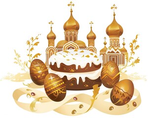 Logo with golden domes and Easter cake and eggs on a white background. The concept of Orthodox Easter.