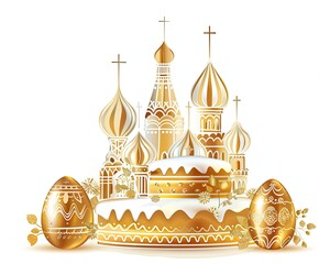 Logo with golden domes and Easter cake and eggs on a white background. The concept of Orthodox Easter.