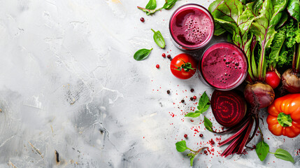 Glass of fresh beetroot juice and vegetables on light