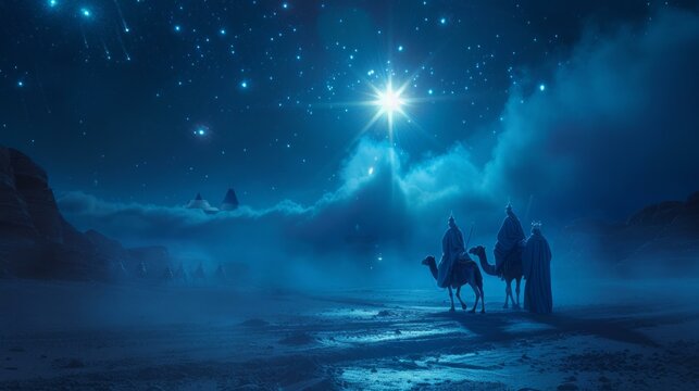 Three Wise Men. Christian Christmas scene with the three wise men and shining star 3d render, AI Generative