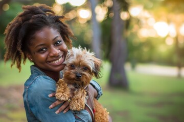 African American girl hugging her dog in the park in autumn