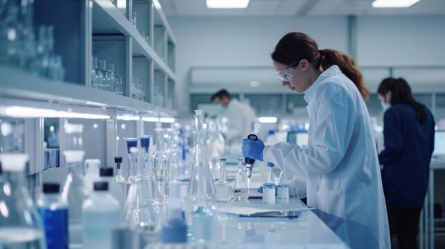 Wide angle of a modern laboratory showcasing researchers at work, focusing on a diverse array of lab activities from chemical analysis to biological studies, AI Generative