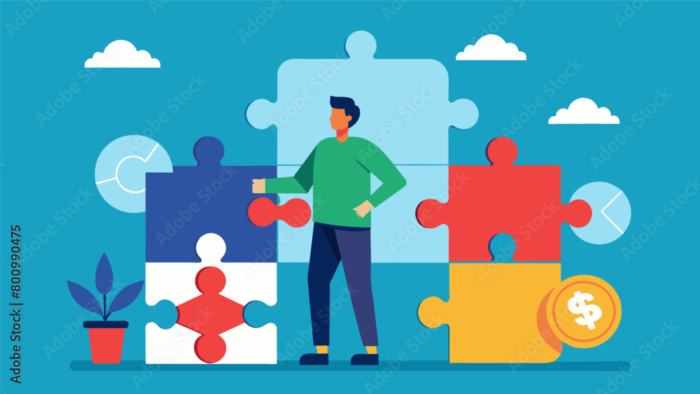 Poster a person playing a puzzle game where each piece represents a different debt type with solutions incl