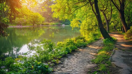 Beautiful natural landscape with a lake surrounded by green trees and forest, sunlight and reflections on the water