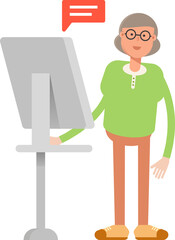 Old Woman Character Working on Computer

