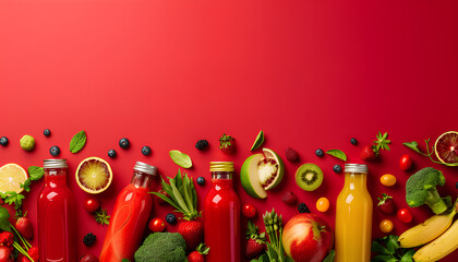 Bottles with healthy juice, fruits, berries and vegetables on red background