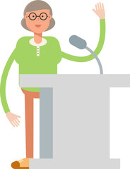 Old Woman Character Speaking on Podium
