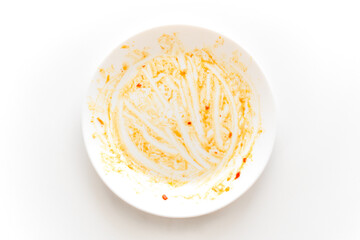 Dirty plate with sweet and chilli sauce stains food leftover on the table. How to clean dishes...
