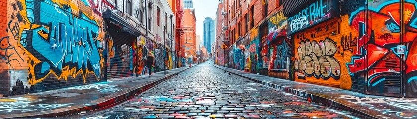 Vibrant city street with graffiti-covered walls Style