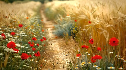 Obraz premium Idyllic Path through Wheat Field with Poppies, a Serene Summer Landscape. Rural Scenery with Warm Colors. Perfect for Background Use. AI