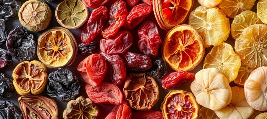Exotic dried fruits display with rich textures and vibrant colors against dark backdrop